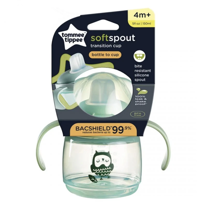 Неразливаща се чаша с мек накрайник и дръжки Tommee Tippee SoftSpout, BACSHIELD, 150 мл, 4м+, зелен/бухал