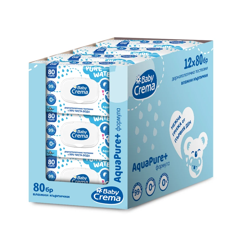 Комплект мокри кърпички Baby Crema, С 99% вода, 12х80 бр.