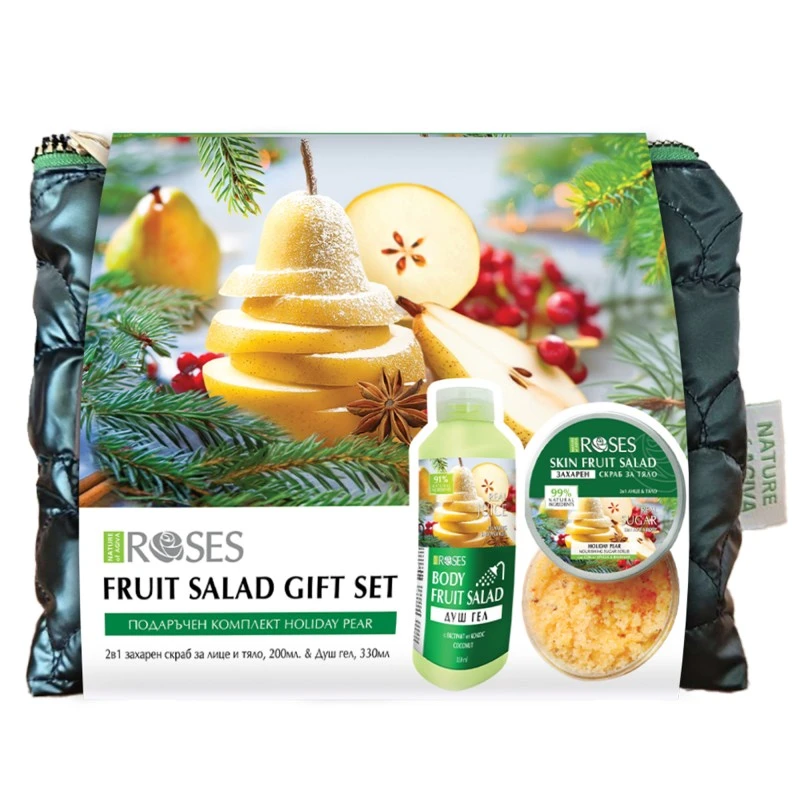 Коледен комплект Nature of Agiva Roses Holiday Pear, Захарен скраб за лице и тяло, Натурален душ гел, Несесер