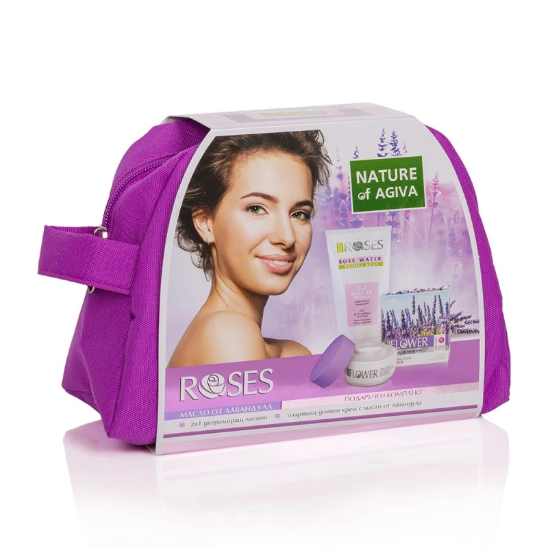 Подаръчен комплект Nature of Agiva Roses, Дневен крем Lavender 50мл, Дегирмиращ Лосион 150мл+ Подарък несесер