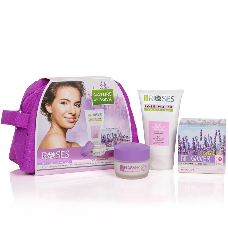Подаръчен комплект Nature of Agiva Roses, Дневен крем Lavender 50мл, Дегирмиращ Лосион 150мл+ Подарък несесер