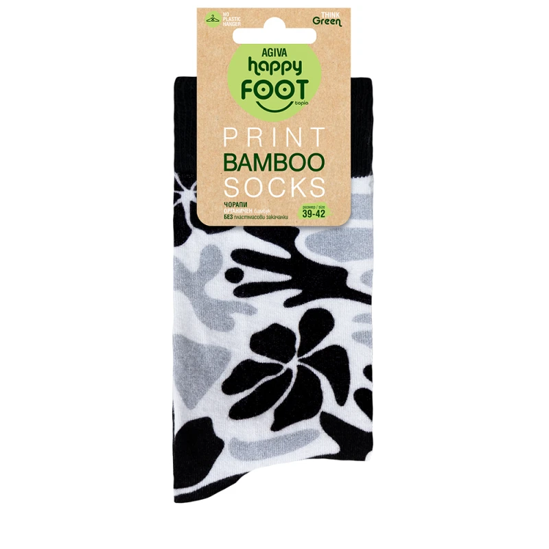 Дамски чорапи Agiva Happy Foottopia, С принт, Цветя, Бял, Черен, Бамбук, 39-42 размер