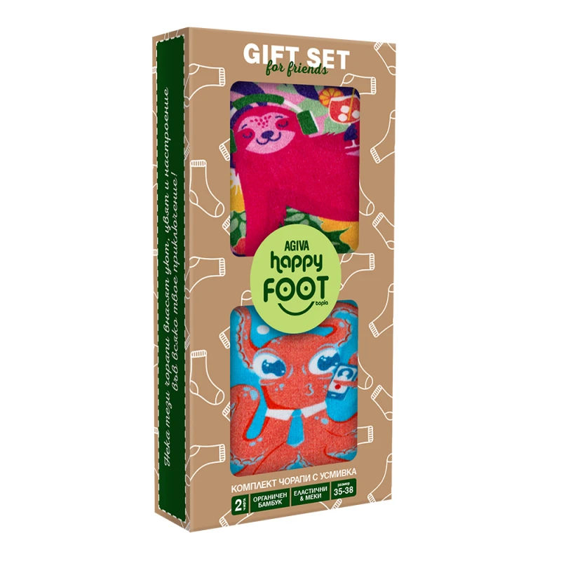 Комплект дамски чорапи Agiva Happy Foottopia, С принт, Октопод, Ленивец, Бамбук, 35-38 размер, 2 бр