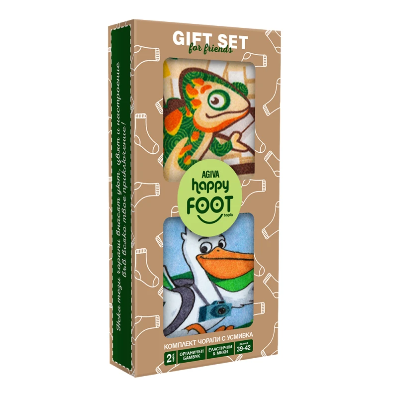 Комплект дамски чорапи Agiva Happy Foottopia, С принт, Пеликан, Хамелеон, Бамбук, 39-42 размер, 2 бр