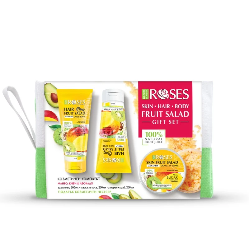 Подаръчен комплект Nature of Agiva Roses, Fruit Salad, Манго и Авокадо, Маска за коса, 200мл + Скраб за тяло 200 мл + Шампоан 200мл + Несесер