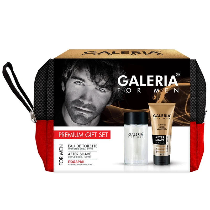 Подаръчен комплект Galeria Check, За Мъже, Aфтършейв балсам 200 мл, Tоалетна вода 50 мл, + Подарък несесер 