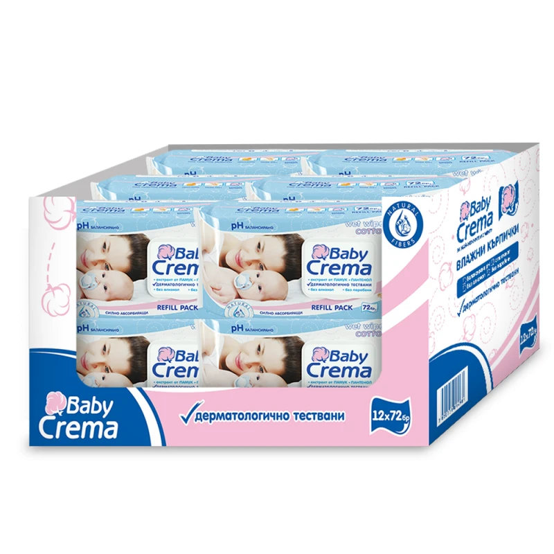  Комплект мокри къпрички Baby Crema, Памук, 12х72бр 