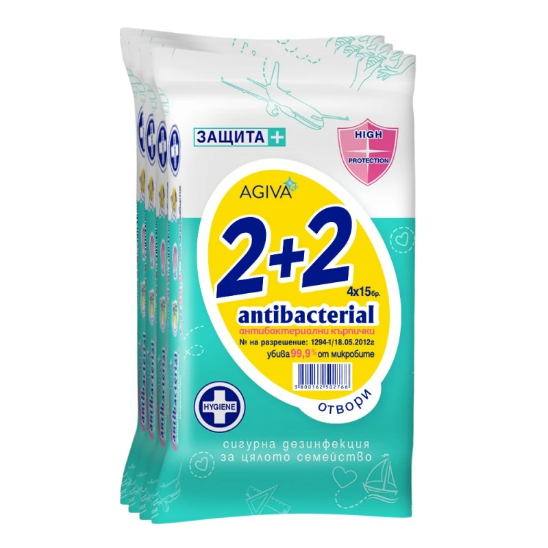 Комплект антибактериални влажни кърпички Agiva, Antibacterial, 4x15 бр.