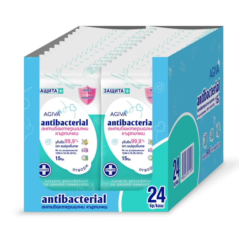Комплект антибактериални влажни кърпички Agiva, Antibacterial, Зелени, 24x15 бр.