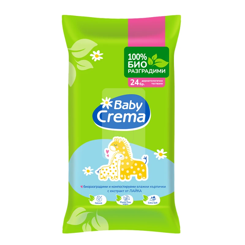 Биоразградми мокри кърпички Baby Crema, С екстракт от Лайка и пантенол, 24 бр.