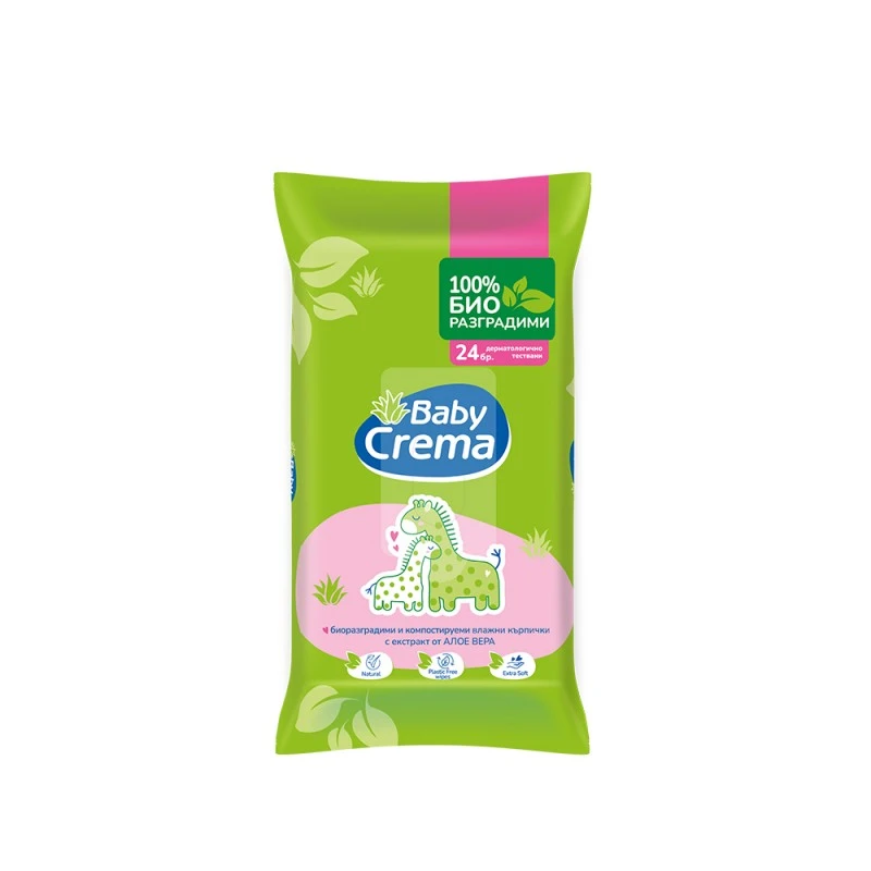 Биоразградми мокри кърпички Baby Crema, С екстракт от Алое Вера, 24 бр.