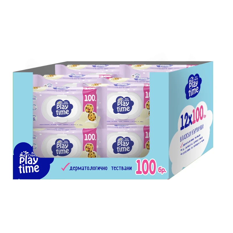  Комплект мокри къпрички Baby Crema Play Time, Розови, 12х100бр 