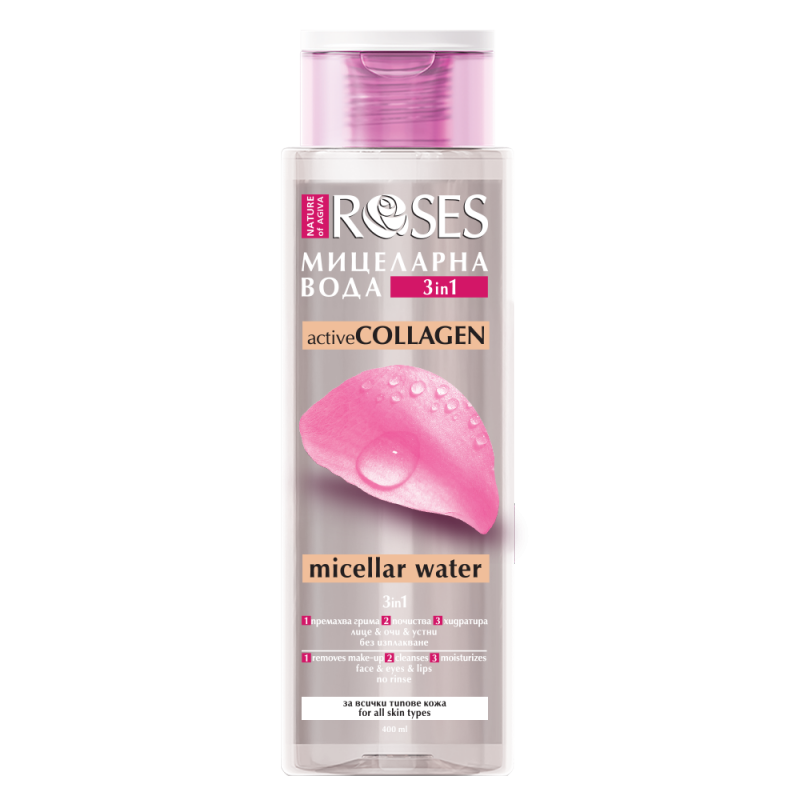 Мицеларна вода Nature of Agiva, Roses, Collagen Active, С розова вода и колаген, Премахва грима, Хидратира, 400 мл