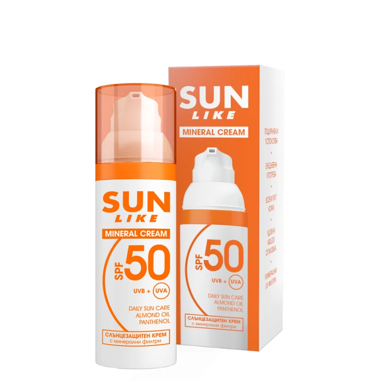 Слънцезащитен минерален крем лице Sun Like, SPF50, 50 мл