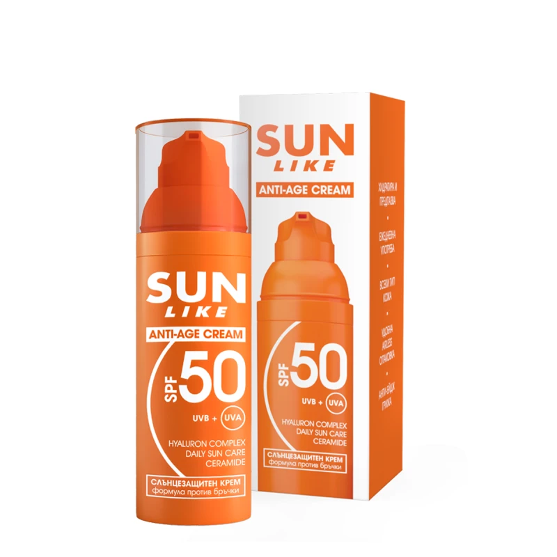 Слънцезащитен анти-ейдж крем за лице Sun Like, SPF50, 50 мл