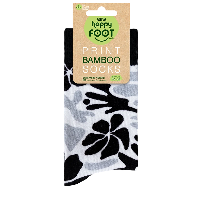 Дамски чорапи Agiva Happy Foottopia, С принт, Цветя, Черно, Бяло, Бамбук, 35-38 размер