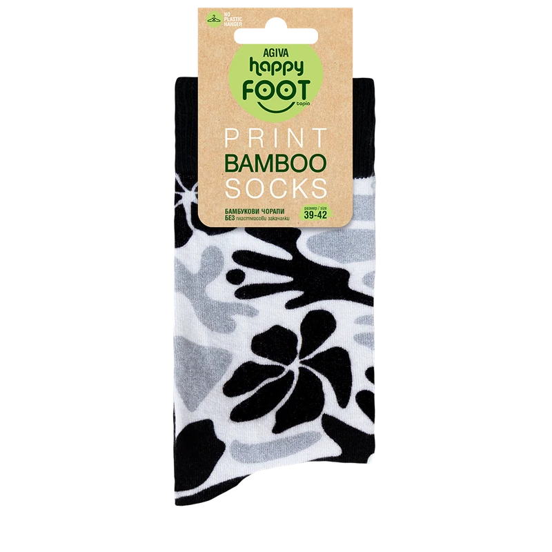 Дамски чорапи Agiva Happy Foottopia, С принт, Цветя, Бял, Черен, Бамбук, 39-42 размер