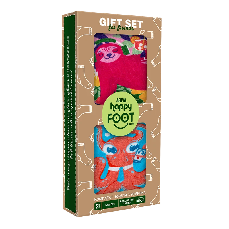 Комплект дамски чорапи Agiva Happy Foottopia, С принт, Октопод, Ленивец, Бамбук, 35-38 размер, 2 бр
