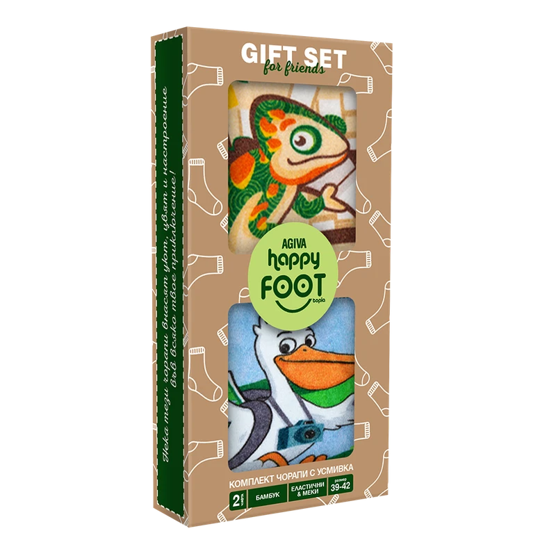 Комплект дамски чорапи Agiva Happy Foottopia, С принт, Пеликан, Хамелеон, Бамбук, 39-42 размер, 2 бр