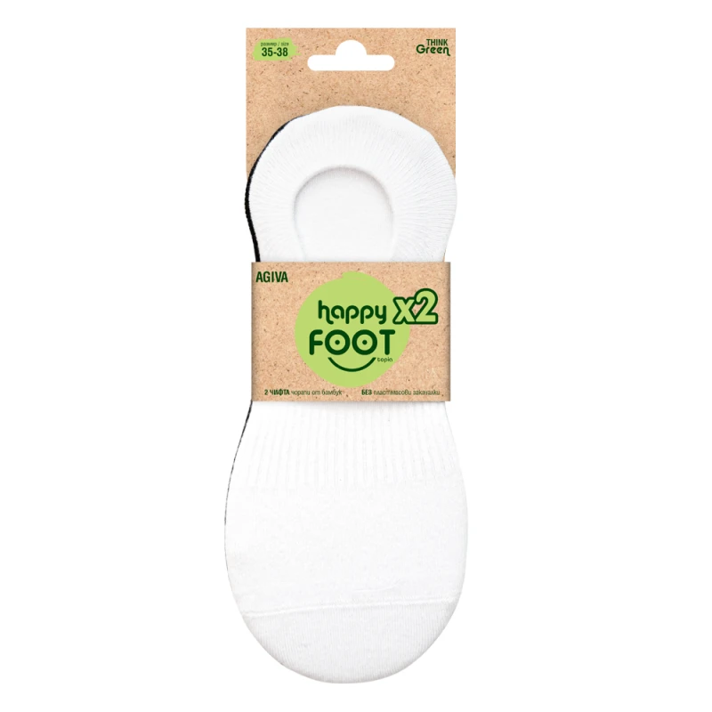 Комплект дамски терлици за маратонки Agiva Happy Foottopia, Premium, Органичен бамбук, 35-38, Бели, Черни, 2 бр