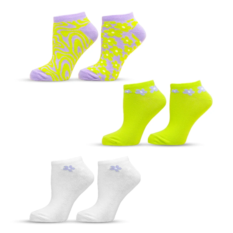 Комплект дамски чорапи с къс конч Agiva Happy Foottopia, Памук, Лилави детелини, 3бр, 39-42