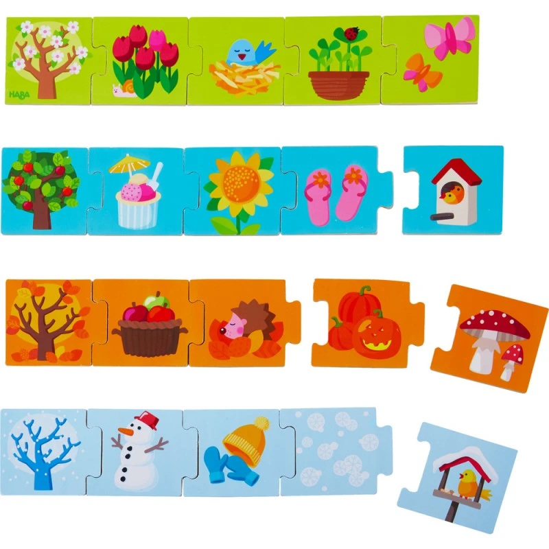 Логическа игра за последователност 2+, Двустранни плочки тип пъзел, Haba 304259, Сезони, 20 плочки с размер 5*6см, Немска