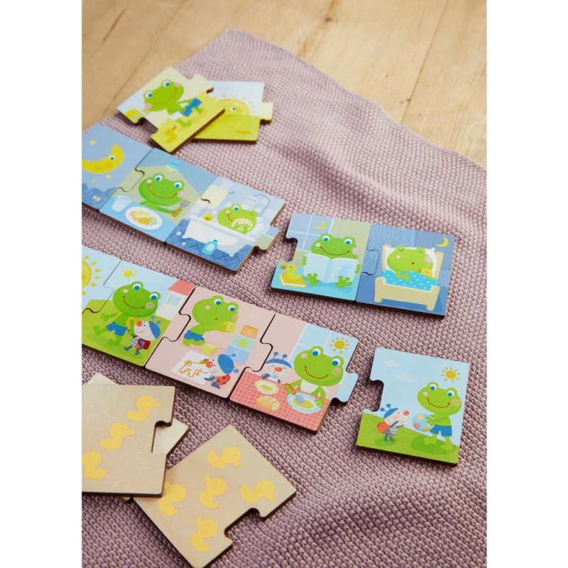 Логическа игра за последователност 2+, Двустранни плочки тип пъзел, Haba 305781, Дневен режим, 15 плочки с размер 5*6см, Немска