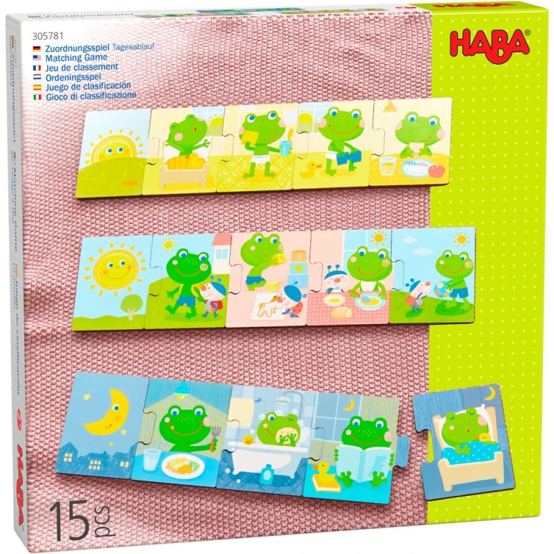 Логическа игра за последователност 2+, Двустранни плочки тип пъзел, Haba 305781, Дневен режим, 15 плочки с размер 5*6см, Немска