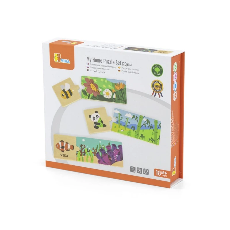 Дървен пъзел Моя дом, Къде живеят животните, 10пъзела с по 2 части