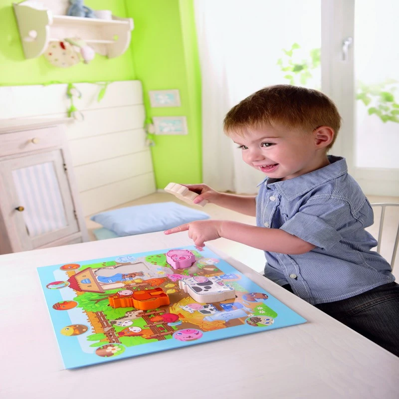 Игра за наблюдателност и откриване с 4 дървени фигури, ФЕРМАТА, 18М+, 37х29 см., Haba 5588