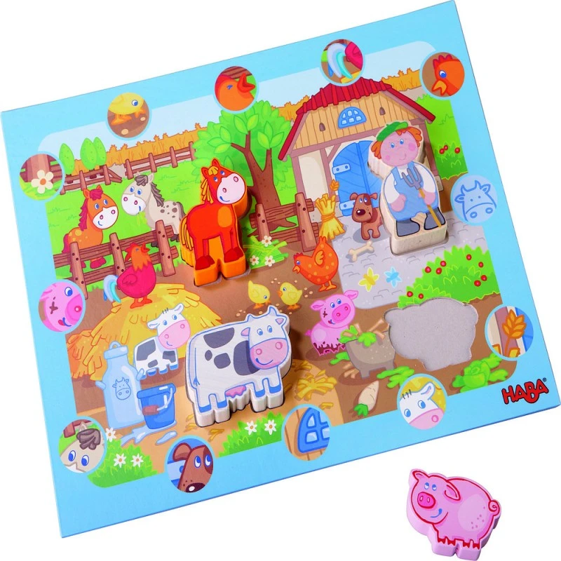 Игра за наблюдателност и откриване с 4 дървени фигури, ФЕРМАТА, 18М+, 37х29 см., Haba 5588