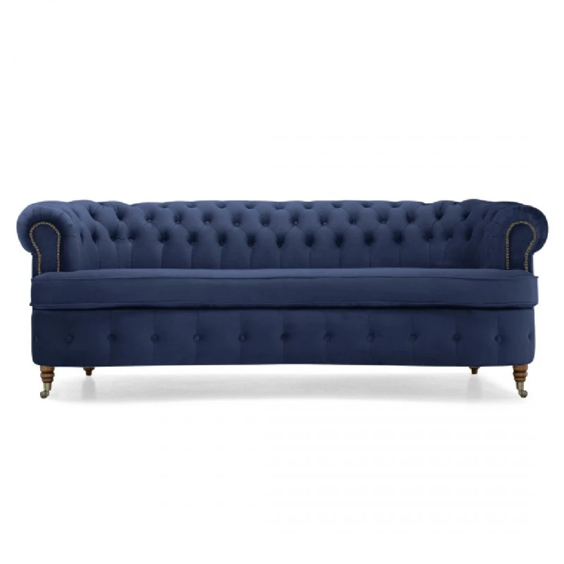 Триместнo извито канапе Chesterfield Curved, 230 х 80 х 86 см, Петролено синьо