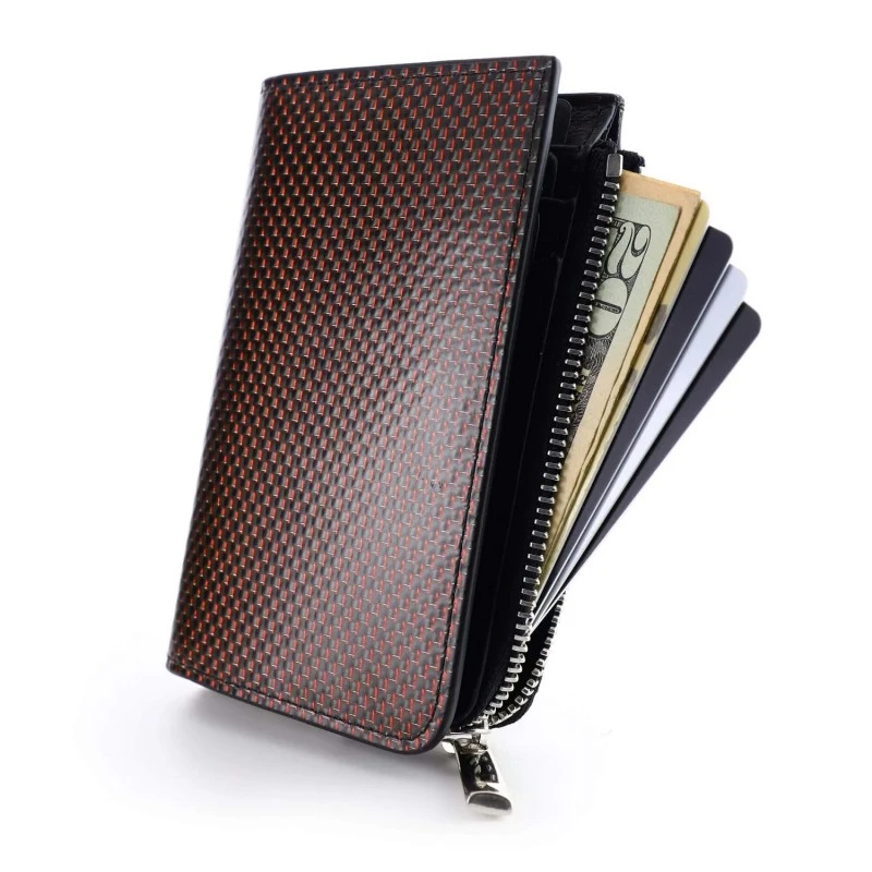 Coldfire, Малко Дамско Портмоне от Естествена Кожа и Карбон Цип -TE - Червено