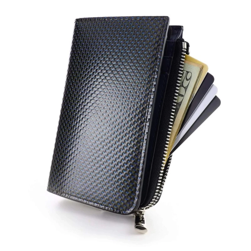 Coldfire, Малко Дамско Портмоне от Естествена Кожа и Карбон Цип -TE - Синьо