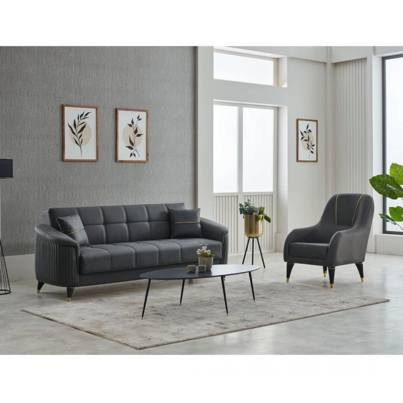 Разтегателен двуместен диван Сена, Кадифе, Сив, 180х82х91см