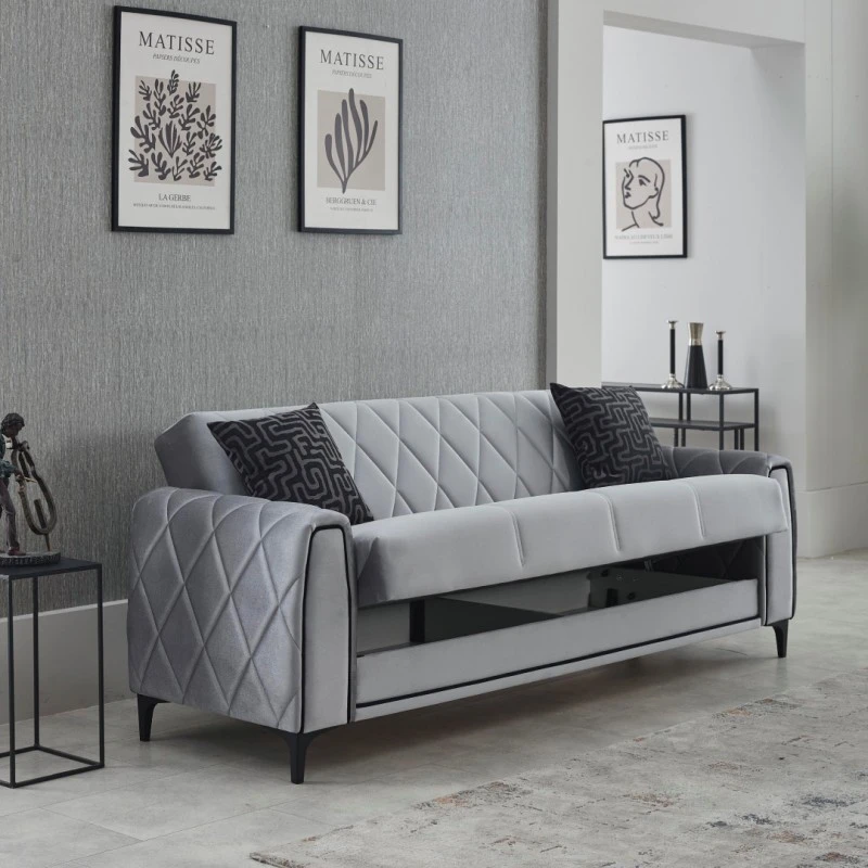 Разтегателен двуместен диван Порто, Кадифе, Сив, 187х80х90см