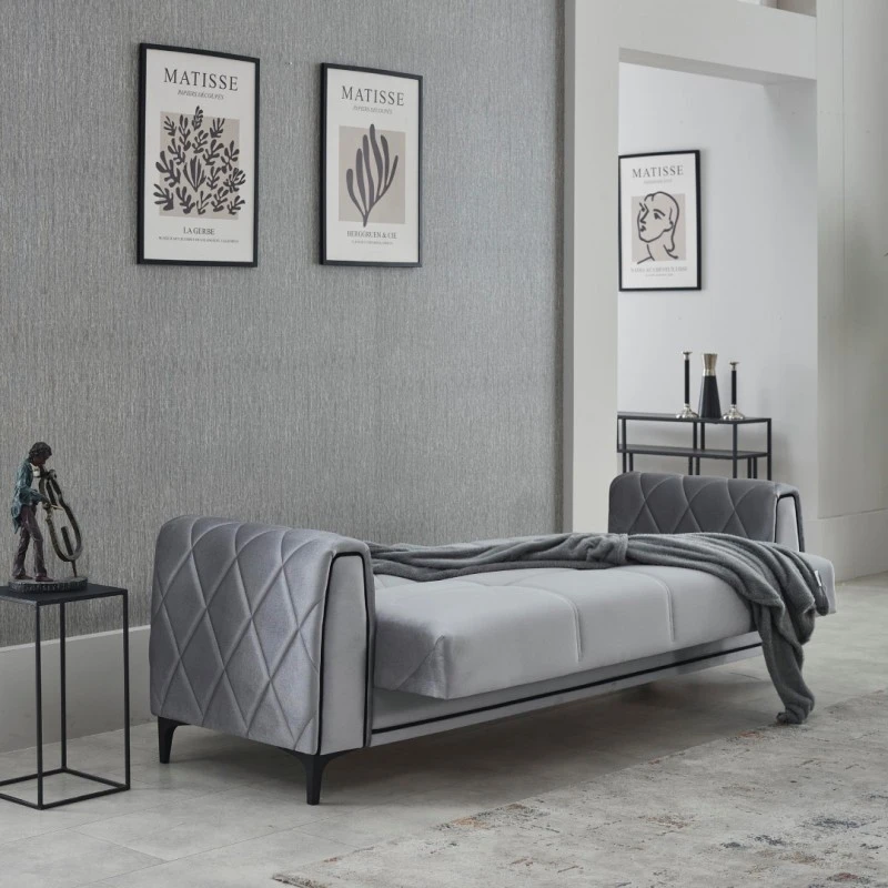 Разтегателен двуместен диван Порто, Кадифе, Сив, 187х80х90см