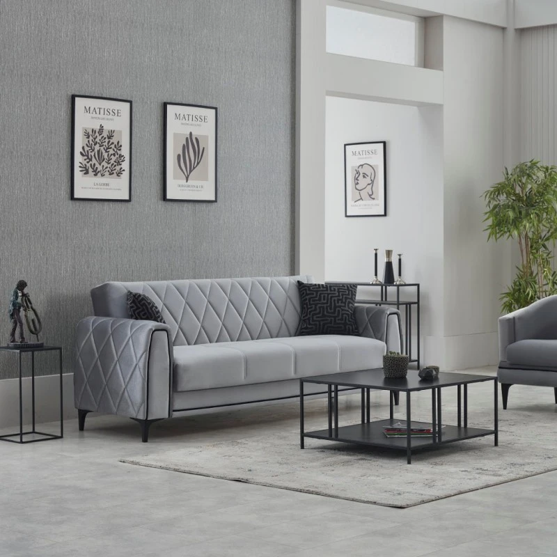 Разтегателен двуместен диван Порто, Кадифе, Сив, 187х80х90см