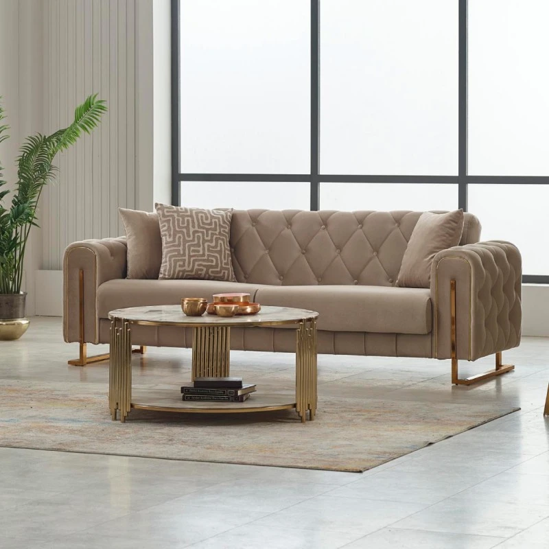 Разтегателен триместен диван Пума, Кадифе, Бежов, 228х80х82см