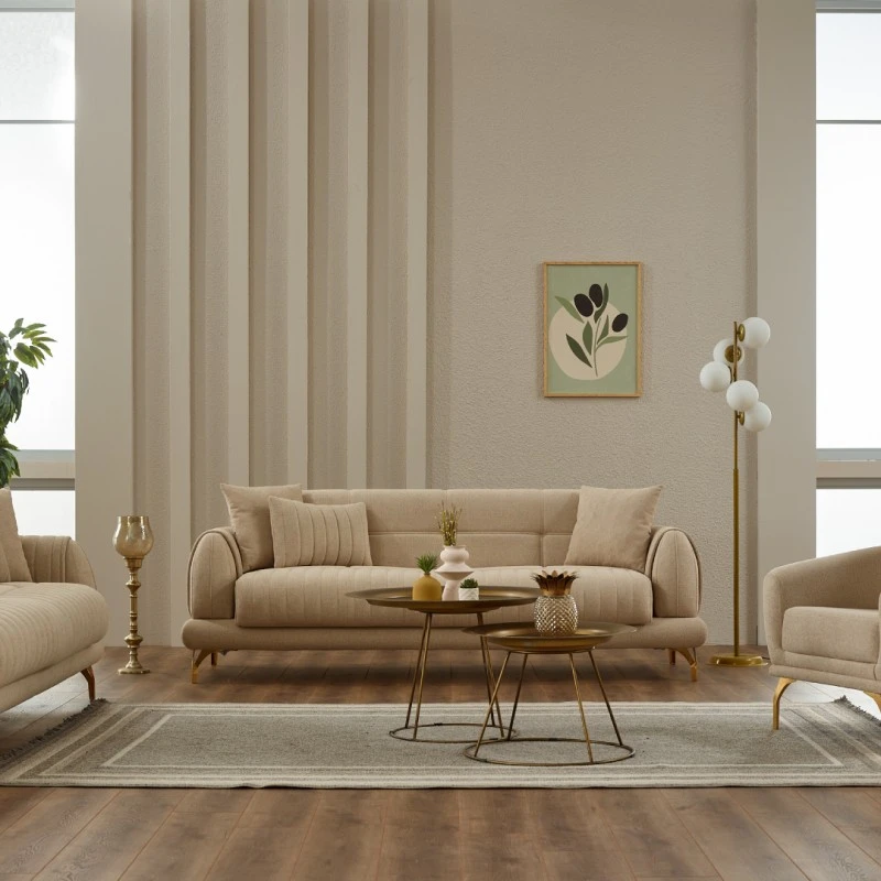 Двуместен разтегателен диван Гамба, Кадифе, Бежов, 175х87х87см