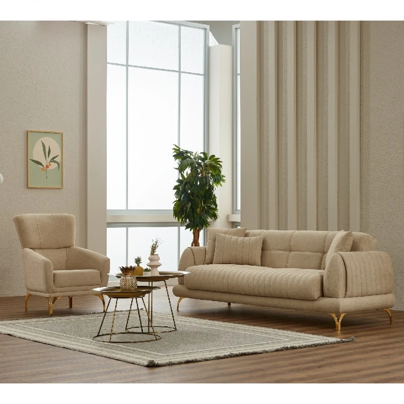 Разтегателен триместен диван Гамба, Кадифе, Бежов, 227х87х87см