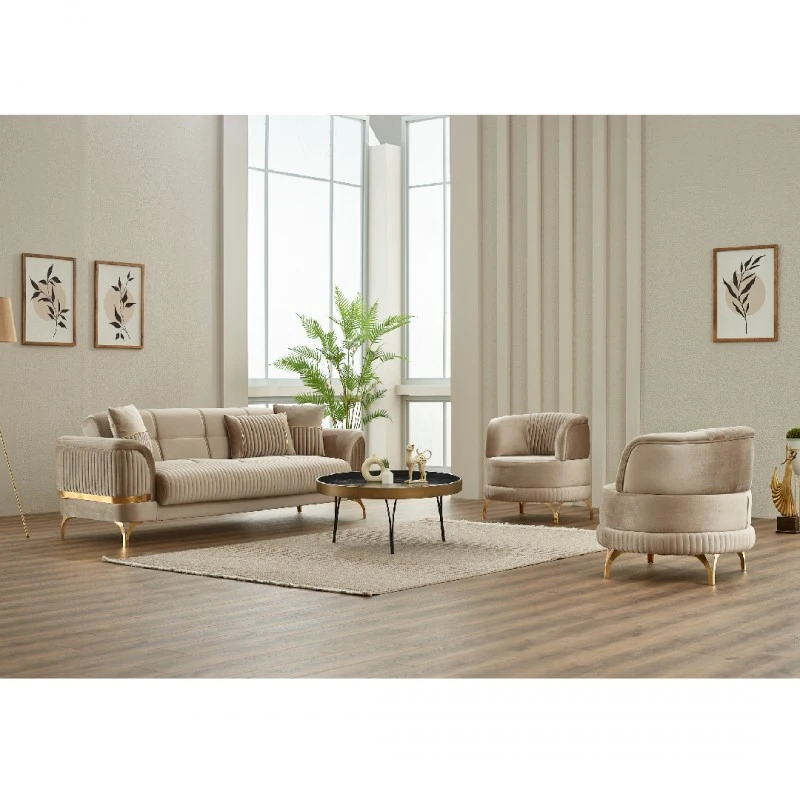 Триместен разтегателен диван Педро, Бежов, Кадифе, 240/90/80см