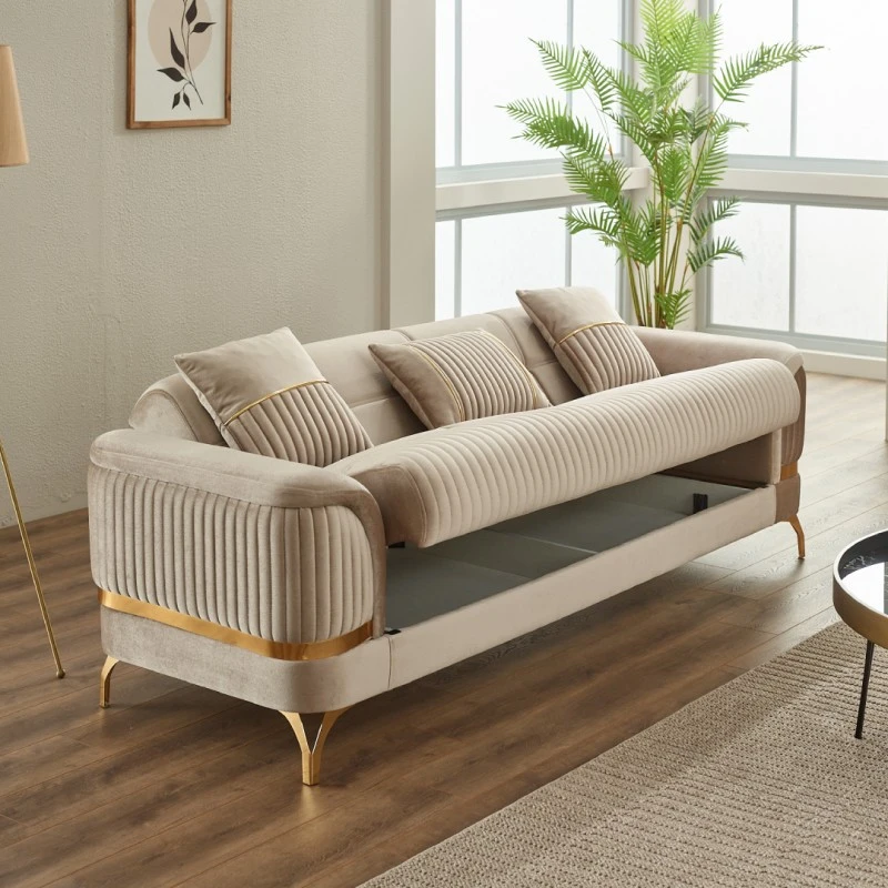 Триместен разтегателен диван Педро, Бежов, Кадифе, 240/90/80см