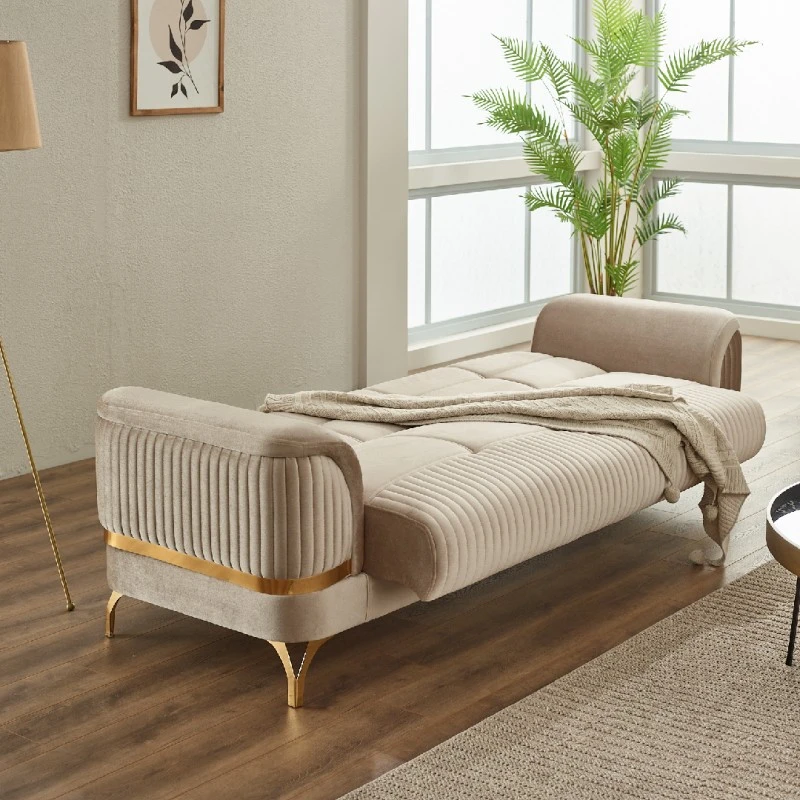 Триместен разтегателен диван Педро, Бежов, Кадифе, 240/90/80см