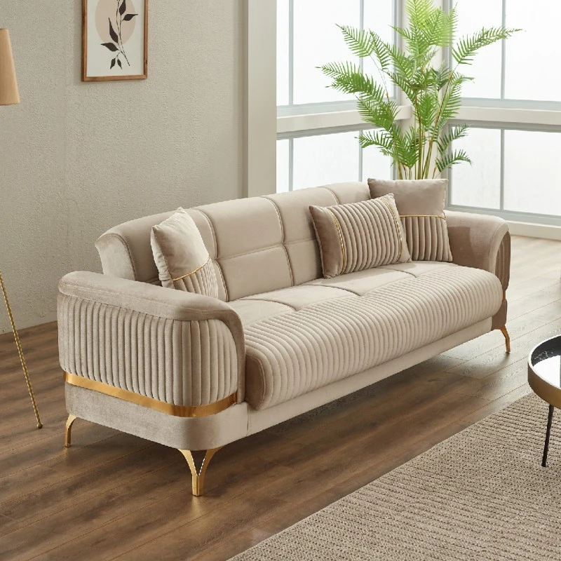 Двуместен разтегателен диван Педро, Бежов, Кадифе, 188х82х82см