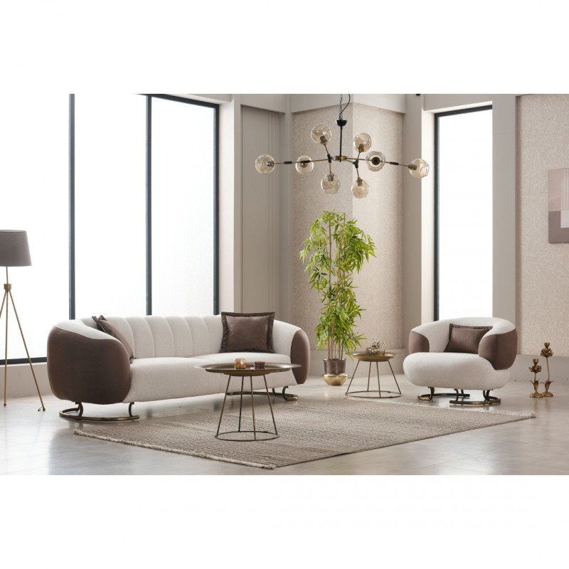 Триместен диван Палмера, Крем/Кафяв, Кадифе, 240х95х80см