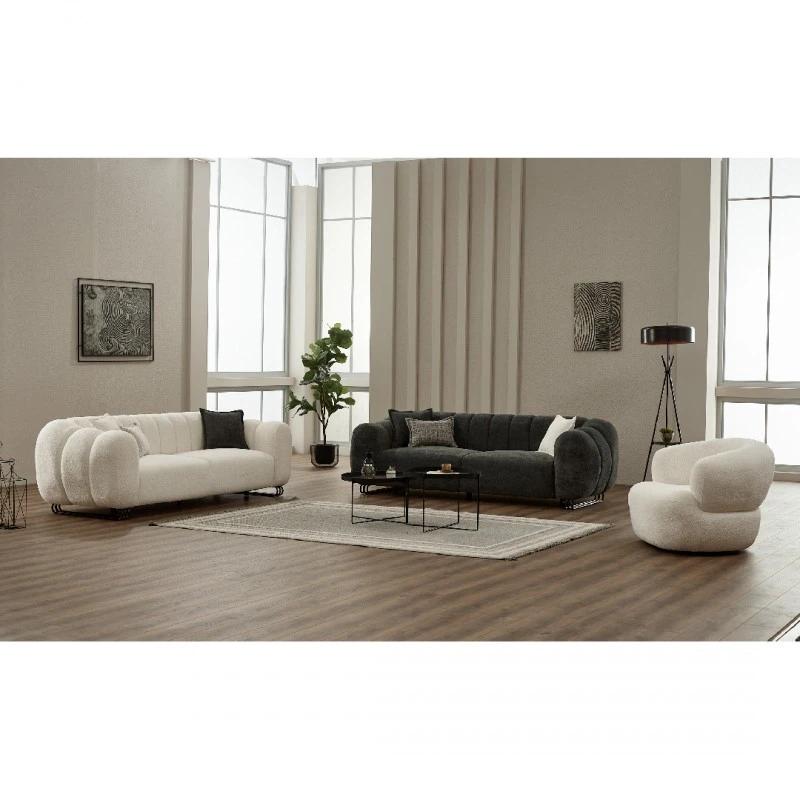 Двуместен диван Пуфи, Дамаска, Крем, 202х97х80см