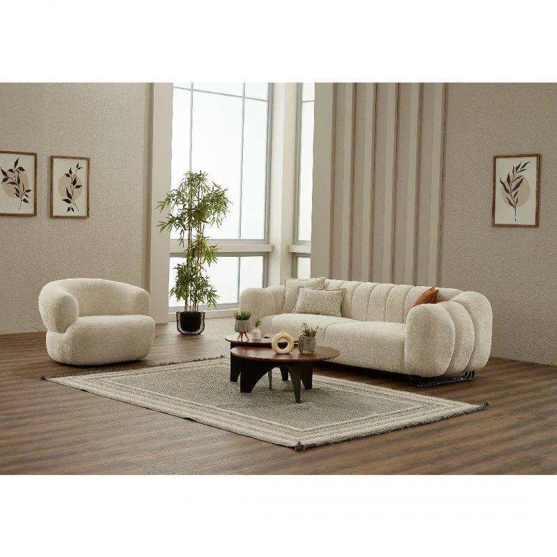 Двуместен диван Пуфи, Дамаска, Крем, 202х97х80см