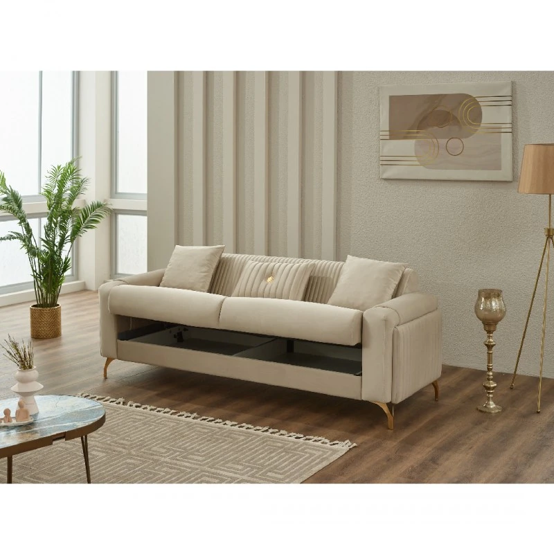 Триместен диван Тера, Кадифе, Крем, 230х95х85 см