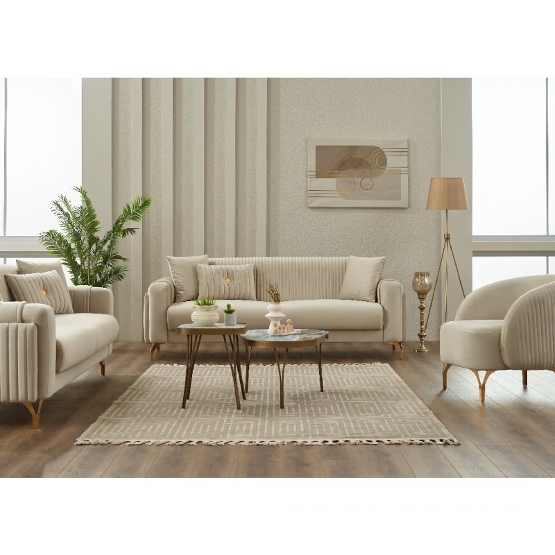 Триместен диван Тера, Кадифе, Крем, 230х95х85 см